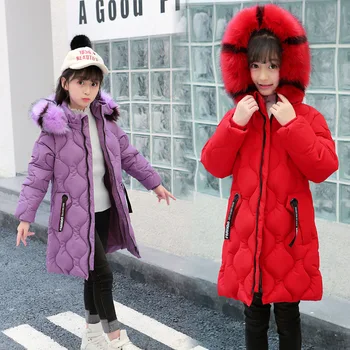 Mergaičių žiemos paltai 4-13 metų amžiaus sutirštės vertus-įdaryti medvilnės spalvos kailio apykakle medvilnės-paminkštintas drabužius Banguoti dygsniuotas medvilnės