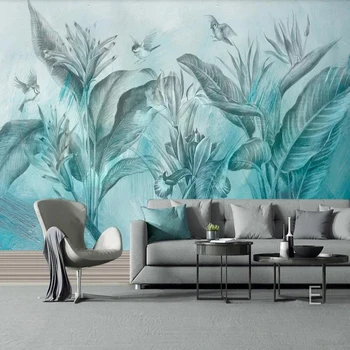Milofi užsakymą 3D tapetai, freskos Šiaurės minimalistinio rankomis dažyti mėlyna tropinių augalų fone, sienų apdaila dažymas wallpape