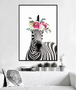 Modernus Minimalizmas Animacinių Filmų Gyvūnų, Gėlių Meno Plakatas Zebra Dramblys, Žirafa, Drobė, Tapyba Foto Sienos Menas Namų Puošybai