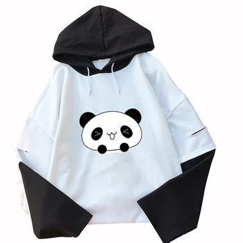 Moterų Rašybos Spalvų Sandūros Marškinėlius 2018 M. Pavasarį, Rudenį Ilgomis Rankovėmis Su Gobtuvu Topai Marškinėliai Atsitiktinis Kawaii Animacinių Filmų Panda Print T Shirt