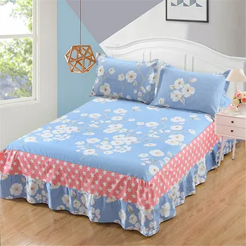 Mėlyna balta kiaulpienės patalynės komplektai atspausdintas juostele modelis Medvilnės lova sijonai, Antklodė, minkštas pagalves 3pcs Kaimo stilius