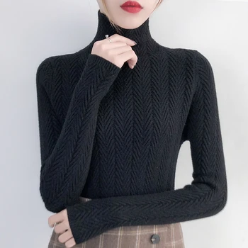 Oro 2019 m. rudenį, žiemą naujas juodas aukštu kaklu megztinis, žemiausią megztinis moterų viduje su sutirštės slim prigludusi megzti