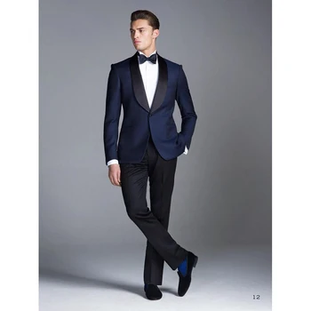 Pagal užsakymą pagaminti Mėlynos Rūkymas Jaunikis vyrų kostiumas Vestuvių Kostiumai kostiumų homme mens dėvėti Tuxedos 3 Peices jaunikis kostiumai(Švarkas+Kelnės)
