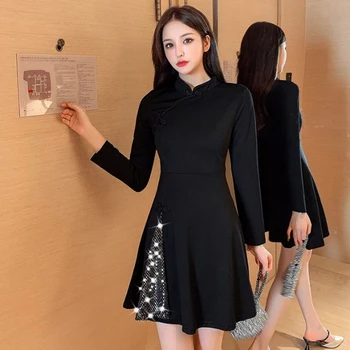 Pavasarį, Rudenį Moterų Suknelė korėjos Sujungimas Patobulinta Versija Cheongsam ilgomis Rankovėmis Suknelė Nauja Slim Trumpas-line Suknelės GX669