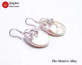 Qingmos Madinga Natūralių Perlų Auskarai Moterims su 20mm Ovalo Tabaluoti Pink Pearl Auskarai Fine Jewelry be Paketas Lauke ear717