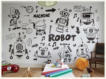 Ranka-tapyba Mielas Robotas&Mašina 3d Sienų Nuotrauka Cartoon Tapetai, Freskos, skirtos Kūdikių Vaikas Kambarys Didelis Sieninis 3d Sienos Freskos Papel Freskos