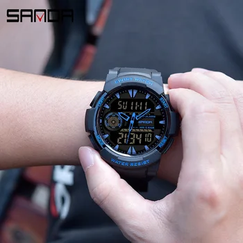 SANDA Prekės Sport vyriški Laikrodžiai Karinės LED Šviesos Skaitmeninių Laikrodžių Vyrams, Vandeniui Dvigubas Laikas Mados Elektroninis Laikrodis