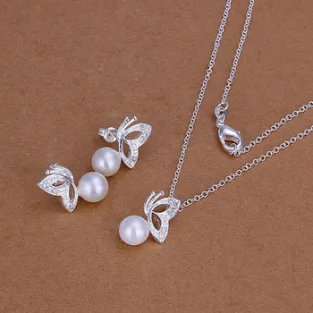 Sidabro padengtą papuošalus 925-sterlingas sidabro bižuterijos balta perlų vėrinį&auskarai, papuošalų rinkiniai moterims/vyrams