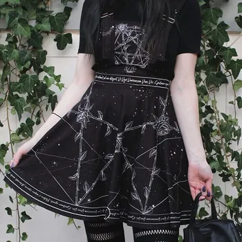 Spausdinti Grunge Aukšto Juosmens Moterų Mini Suknelė Tamsiai Gothic Punk Moterų A-Line Dresses Vasaros Black 90-ųjų Derliaus Backless Klubas Suknelė