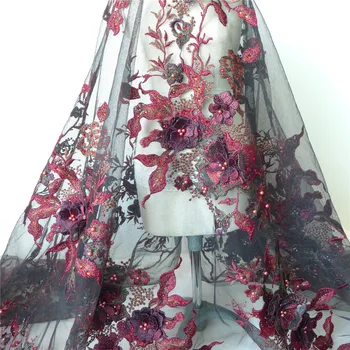 Subtilūs Vyno Raudona/Juoda 3D Gėlių Išsiuvinėtu Tiulio Tinklelio Audinio Blizgančiais Perlo Puošnios Vestuvinės suknelės Audinio Gabalas 12 Appliques