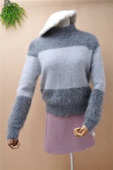 Top mujer moterų mados plaukuotas mink kašmyro megztinių ilgomis rankovėmis, laisvas megztinis angoros triušio kailinius žiemą megztinis megztinis viršuje traukti