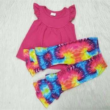 Vaikai, vaikų, kūdikių, mergaičių vasaros karšto pardavimo boutique fuksija plaukioja rankovėmis tunika spalvinga sluoksnių kelnės 2 vnt komplektus drabužių