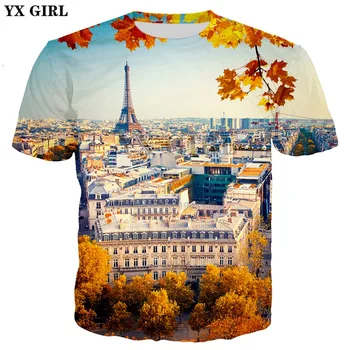 YX MERGINA Brand T-shirt 2018 m. vasaros Naujas Mados t shirts eifelio bokštas rudens peizažas 3d Spausdinimo Vyrai Vyriški Laisvalaikio marškinėliai