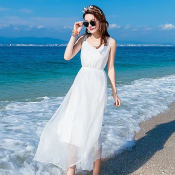 šilko suknelė 2019 m. pavasarį, vasarą moterys ilgai atsitiktinis seksualus šifono paplūdimio suknelės bohemijos plius dydis boho balta elastinga juosmens fėja