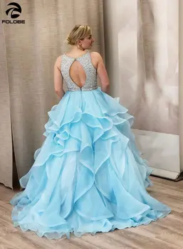 Šviesiai Mėlyna Prom Dresses 2020 Duobute Blizgančiais 8 Klasės Baigimo Šalis Suknelė Atvira Nugara Raukiniai Organza Ilgai Promenadzie Suknelė