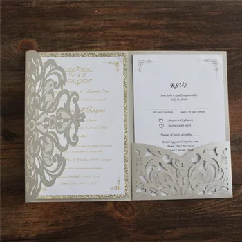 Šviesiai pilka pjovimas lazeriu kišenėje vestuves kvietimą pilkos ir aukso blizgučiai pakviesti asmeninį dizainas, spausdinimas
