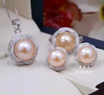 žavus rinkinys, 10-11mm pietų jūros perlas pakabukas& auskarai &žiedas