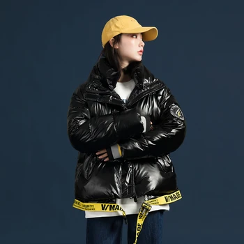 žieminiai pasėliai burbulas paltai moterims 2020 m. mados tendencijos ryškios storos puffer jacket ladies kamšalu su raidžių spausdinimo Reguliuojamas Juosmens