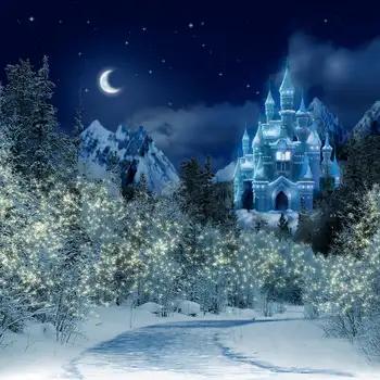 žiemos sniego princesė pilis kalėdų kalnų pusmėnulio kelių naktį fone Vinilo audiniu Kompiuteris spausdinti šalių fone