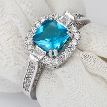 2016 didelis dangus mėlynas kvadratas kristalų pažadas Žiedai naujų papuošalų Prabanga Kubinis Cirkonis cirkonis moterims Vestuvinis Žiedas