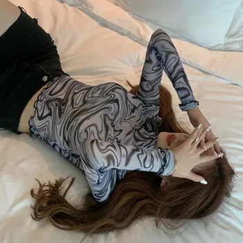 2020 m Sexy Moterų Rudens Pradžioje Slim Dugno Marškinėliai ilgomis rankovėmis Akių Trumpas Viršuje Išsitepti