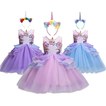 2vnt Nustatyti Merginos Princesė Suknelė + Lankelis Vienaragis Helovyno Cosplay Kostiumas Suknelė Vaikams Rankovių Šalis Gimtadienio Tiulio Suknelė