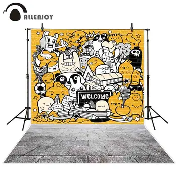 Allenjoy fotografijos backdrops Grafiti sienos sveiki sugrįžę mokyklos animacinių filmų gyvūnų pilkos spalvos plytų, grindų studentų nuotrauka fone
