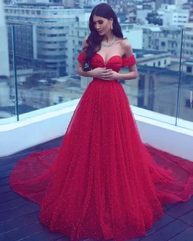 Arabų Pearl Puošnios vakarinės Suknelės Moterims, 2021 nuo Peties Raudona Prom Chalatai Įžymybė Sukienki Sužadėtuvių Suknelė