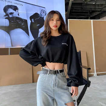 Atsitiktinis Palaidų Moterų Hoodies Palaidinukė Korėjos Streetwear Seksualus Raišteliu Trumpos Palaidinės Pavasario 2021 Ponios Elegantiškos Juodosios Viršų
