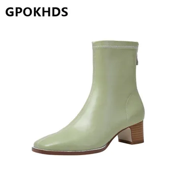 GPOKHDS 2021 moterų batai Karvės odos Žiemos trumpas pliušinis Aikštėje Kojų Užtrauktukas Med kulniukai moterų batai dydis 39