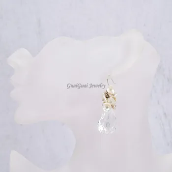 GuaiGuai Papuošalai Natūralus Baltas Keshi Perlų Crystal Clear Kvarco Auskarai-925 Sidabro Kablys