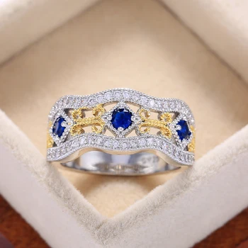 Huitan Etninės Vestuvių Vestuvių Juostoje Žiedas Subtilus Hollow-out Modelis Apakinti Kristalų Mėlyna Cirkonis Akmuo Užsiimti Žiedas Moterų Papuošalai