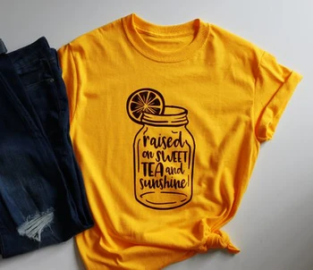 Iškėlė dėl Saldi Arbata ir Saulės T-shirt Citrinos taurė grafinis geltona šūkis moterų mados tees caual kūrybos naujas stilius tees marškinėliai