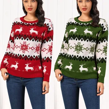 Moterų Linksmų Kalėdų Raudonos, Žalios Briedžių Geometrinis Megztinis Apvalios Kaklo Megztinis