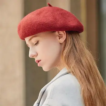 Rudens Žiemos Skrybėlę spalvų vilnonių beretė prancūzijos Beretė skrybėlę spalva Bžūp Derliaus Moterų Beretės Merginos vilnonis Šiltas Pasivaikščiojimas E3L9