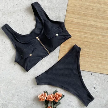 Sprogimo modeliai Europoje ir Amerikoje užtrauktukas mezgimo vientisos spalvos netikrą kišenėje bikini maudymosi kostiumėlį, seksualus aukšto juosmens padalinta maudymosi kostiumėlį quick dry