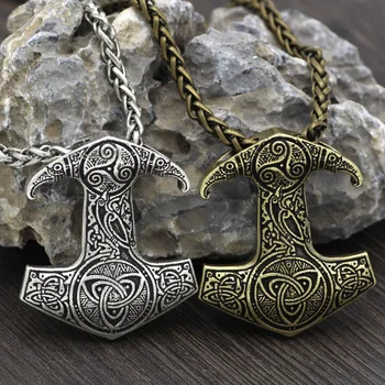 Vyrai Viking Talismanas Thor Hammer Amuletas Plaktukas Odin Varnas Simbolis Mazgas Karoliai Metalo Grandinės, Dvigubo Pusėje