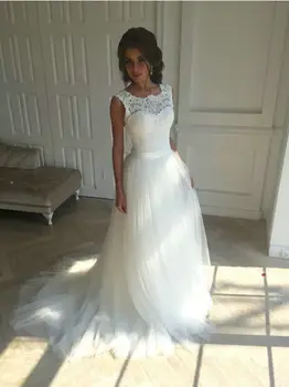 2020 Samtelis Kaklo Linija Nėrinių Aplikacijos Paplūdimys Vestuvių Suknelė Paprasta Nuotakos Suknelė Tiulio Sijonas Teismas Traukinio vestido de noiva