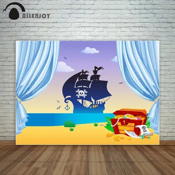Allenjoy piratų laivo fone mėlynos užuolaidos treasure beach pajūrio vaikų šalis fone fondo photo booth nuotrauką