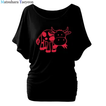 Animacinių filmų Karvė Kūrybos Vasaros Moterų Mergina T Shirt Cool Spausdinti Laisvalaikio mada batwing rankovės, Trumpos Rankovės, O Kaklo Medvilnės Marškinėliai