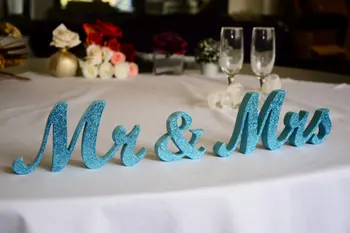 Blizgučiai Mėlyna PVC raidžių Ponia & P vestuvių stalo dekoracija, stovi Ponas ir Ponia ženklus top lentelė,Aukso, juoda spalva