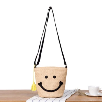 Britų stiliaus naujas šiaudų maišą mielas saldus šypsena pakraštyje atostogų paplūdimio krepšys austi kibirą rankinės