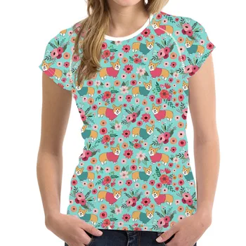 Juokinga Moterų Vasaros Marškinėliai Corgi Gėlių Šuo Spausdinti Moterų trumpomis Rankovėmis Viršūnes Tees Harajuku Fitneso marškinėliai Plius Dydis