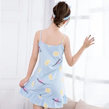 Moterų korėjos cute girl medvilnės spageti dirželis kelio ilgis nightdress vasaros pižama ponios naujas nightdress sleepshirt naktį suknelė