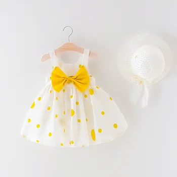 Naujas Baby 0-24M Atsitiktinis Vasaros Suknelė+hat Medvilnės Spausdinti Dot Lankas Princesė Rankovių Kūdikio Mergina Suknelės Bamblys Baby Girl Drabužiai