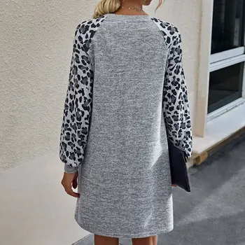 Naujas Mados Atsitiktinis Moterų Rudenį Leopard Kratinys Ilgomis Rankovėmis, O Ant Kaklo Prarasti Tunika Mini Suknelė