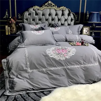 Pilka violetinė spalva prabangus princesė Patalynės Rinkinys, karalius ir karalienė lova rinkinys siuvinėjimui Egipto Medvilnės Bedsheets lino nustatyti Antklode Padengti