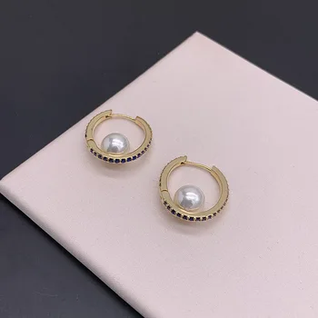 Prancūzijos šviesą blue diamond hoopas perlų pakabukas auskarai ausies sagtis paprastas šalto vėjo ausų papuošalai temperamentas elegantiškas ponios