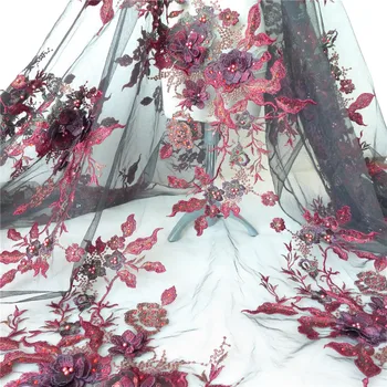 Subtilūs Vyno Raudona/Juoda 3D Gėlių Išsiuvinėtu Tiulio Tinklelio Audinio Blizgančiais Perlo Puošnios Vestuvinės suknelės Audinio Gabalas 12 Appliques