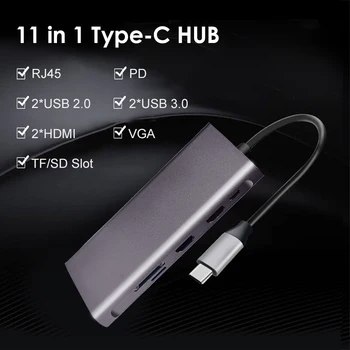 11 1 Tipas-C HUB su USB3.0 USB 2.0 VGA, RJ45 SD TF HDMI 100W PD Adapteris